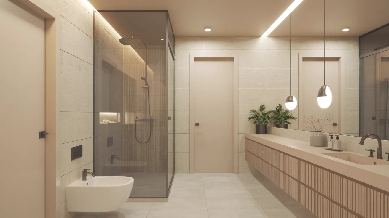 Modern hallway bathroom with glass shower, floating vanity, neutral tones, and clean lighting.