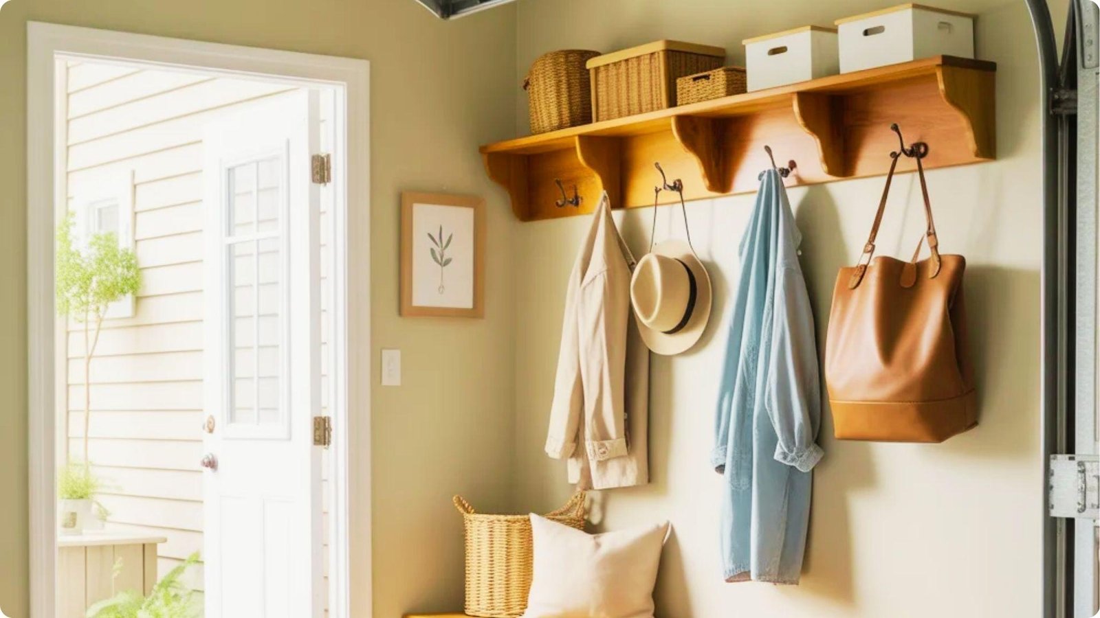 Bright garage entry with wooden wall shelf, storage baskets, and black hooks holding jackets, hats, and bags.