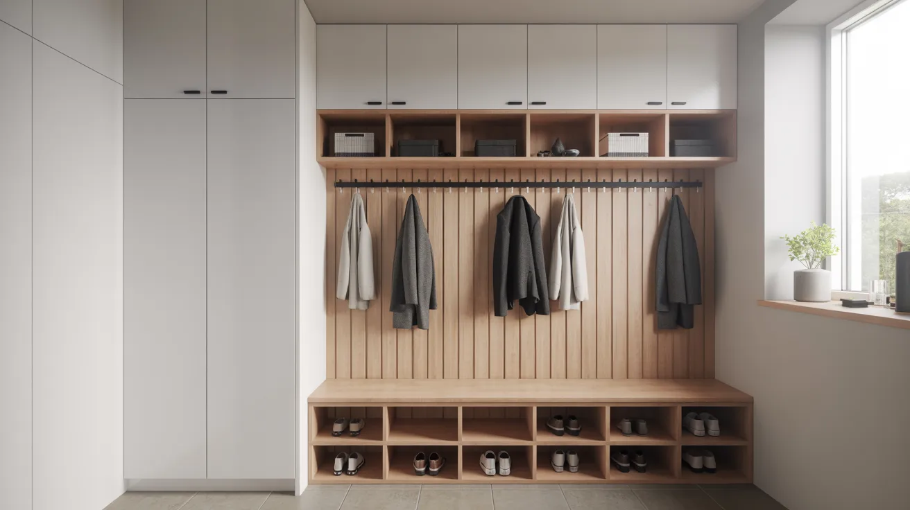 Built-in mudroom bench with overhead cubbies for organized storage and a clean, modern look.