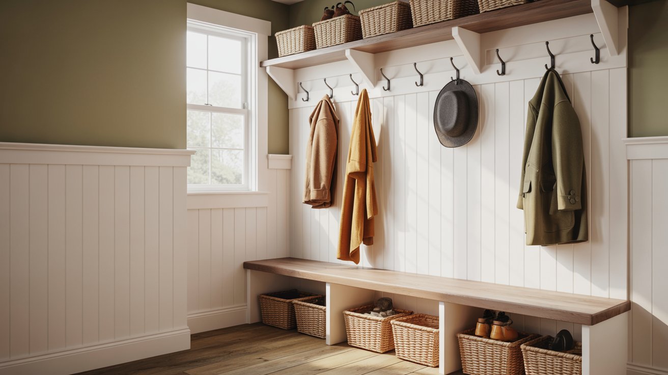 Functional board and batten entryway featuring hooks, bench seating, and organized storage.