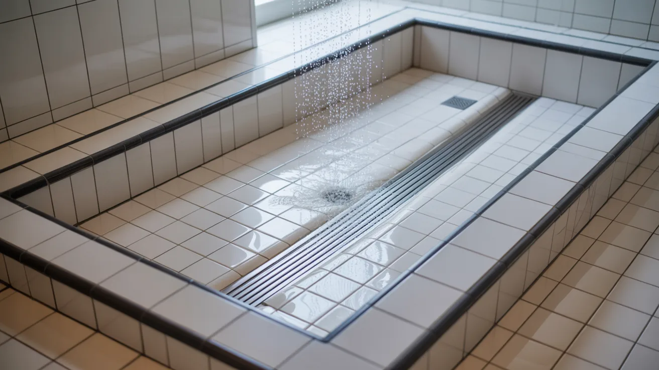 Realistic shower curtain installation showing correct rod placement, sloped floor, and water control setup.