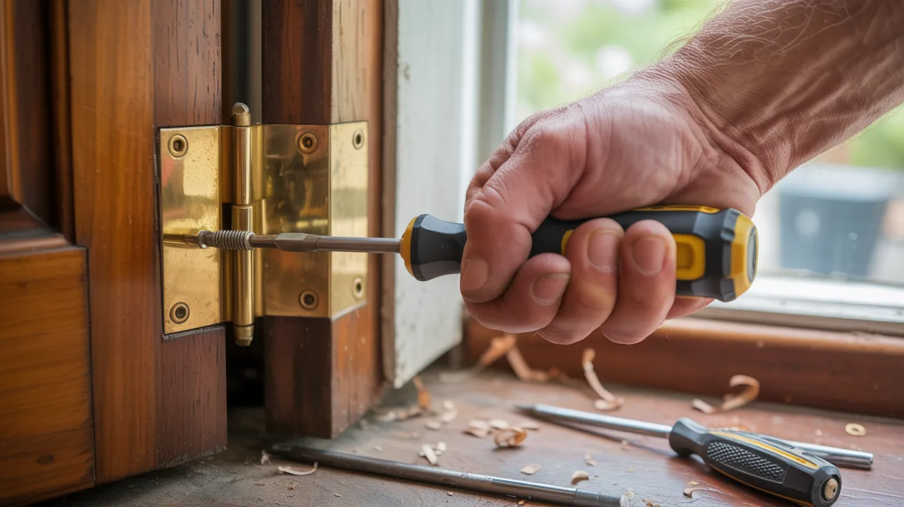 Repairing front door hinges to fix squeaks and improve functionality.
