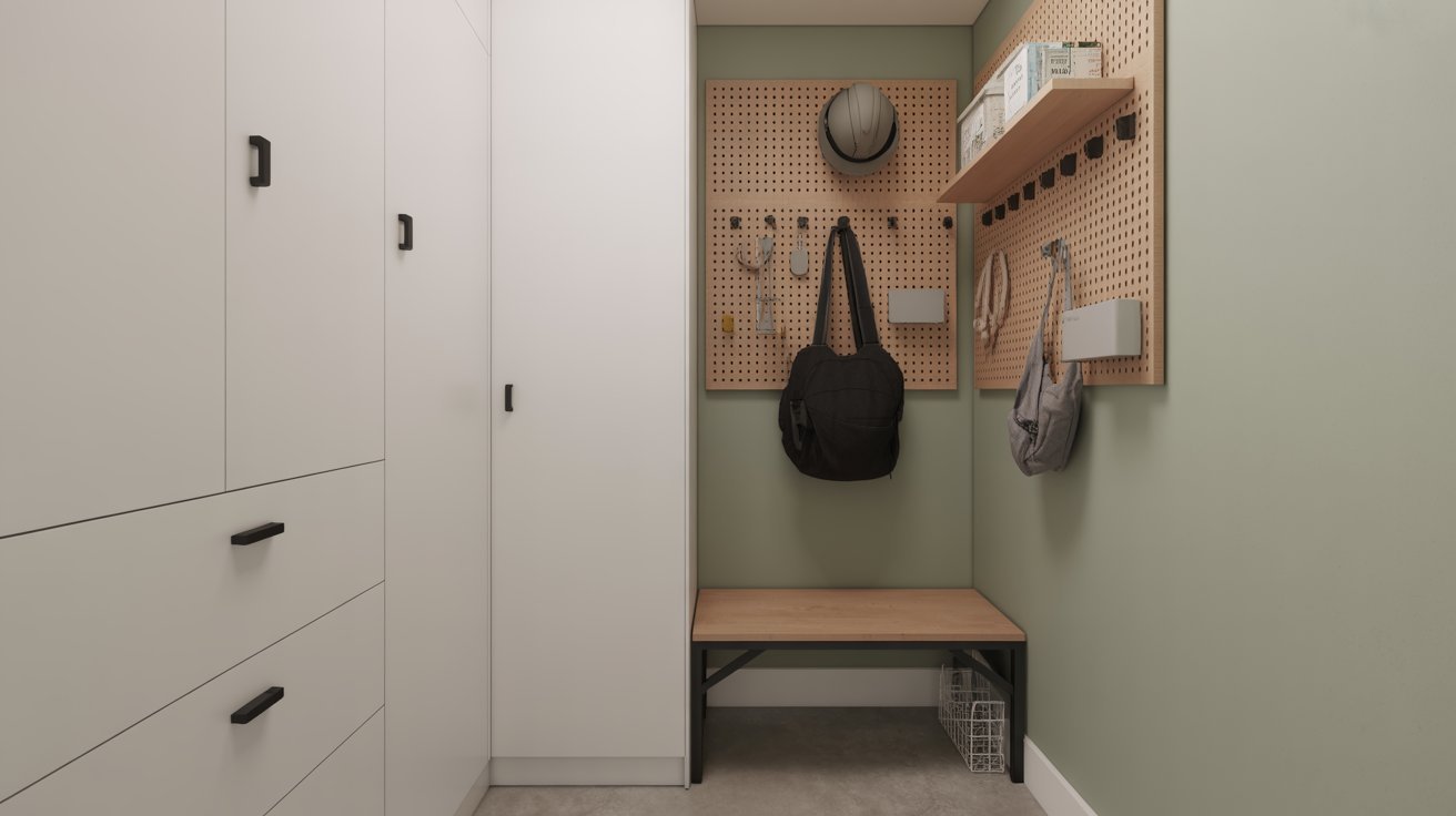 Small enclosed mudroom design with smart space-saving storage.