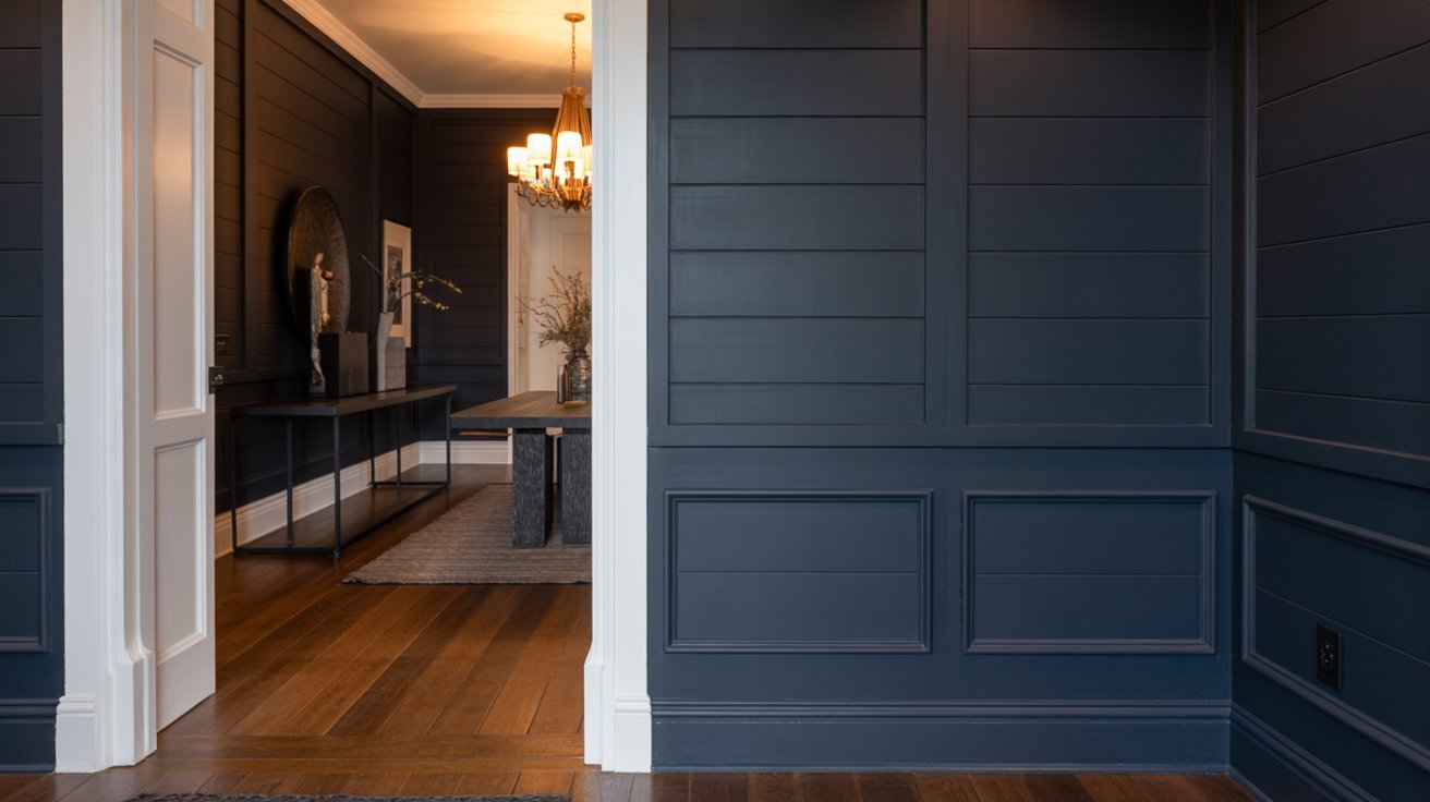 Dark moody board and batten accent wall creating a dramatic and elegant entryway.