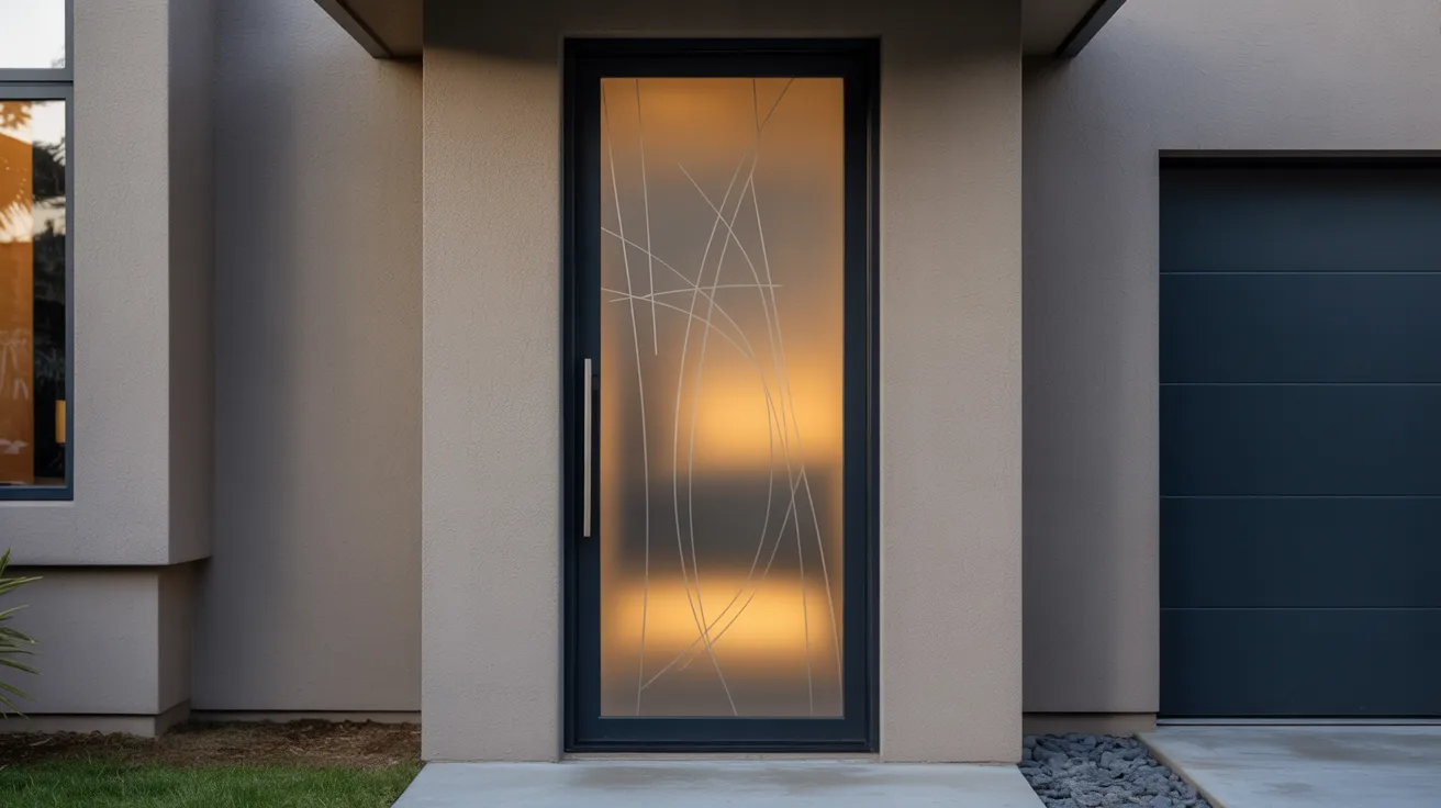Front door with full privacy frosted etched glass blocking visibility while keeping light inside.