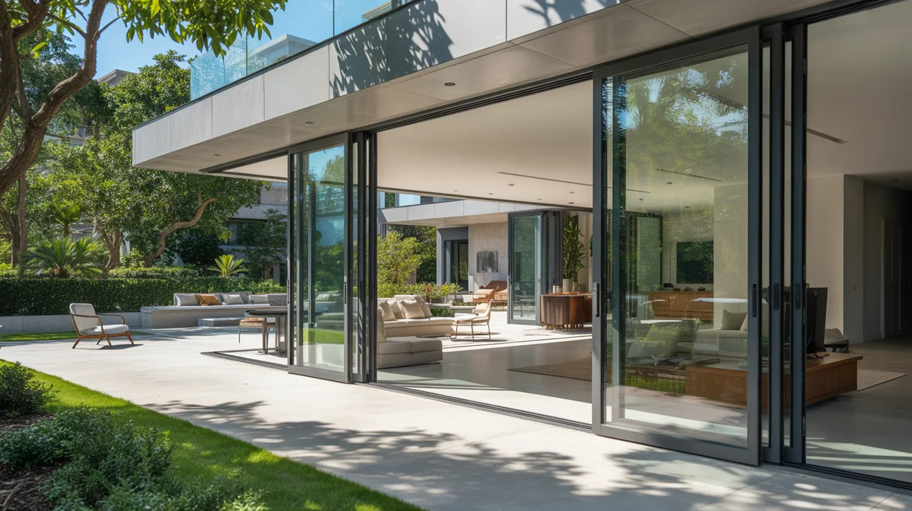 External pocket sliding doors connecting a living room to a patio