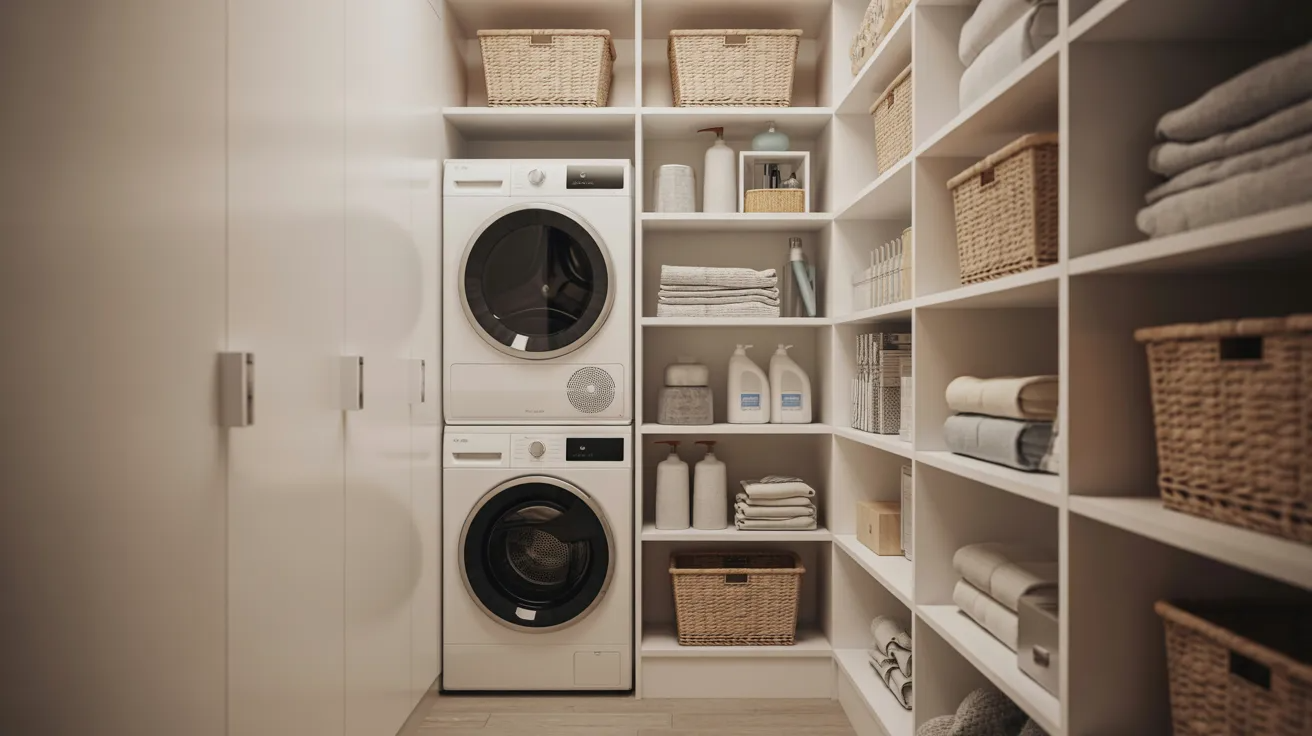 Open laundry closet without doors.