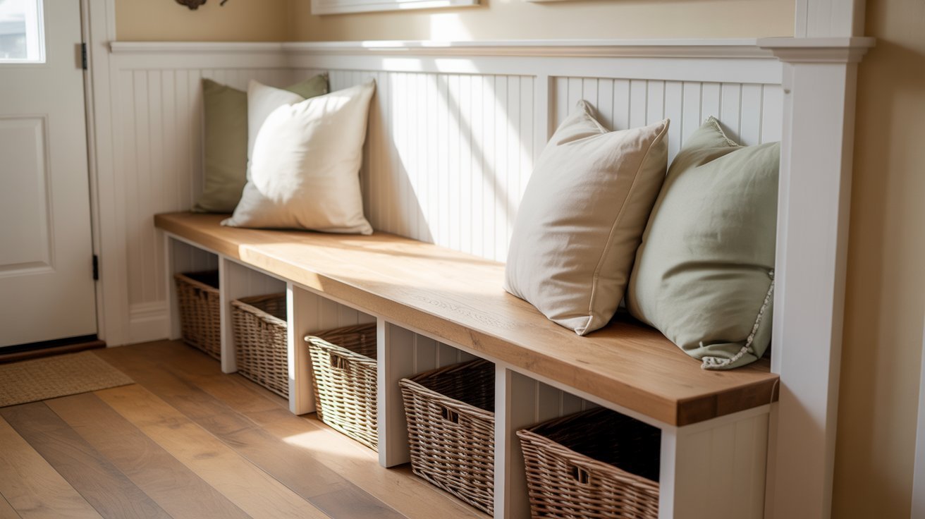 Farmhouse board and batten entryway with bench seating and storage.