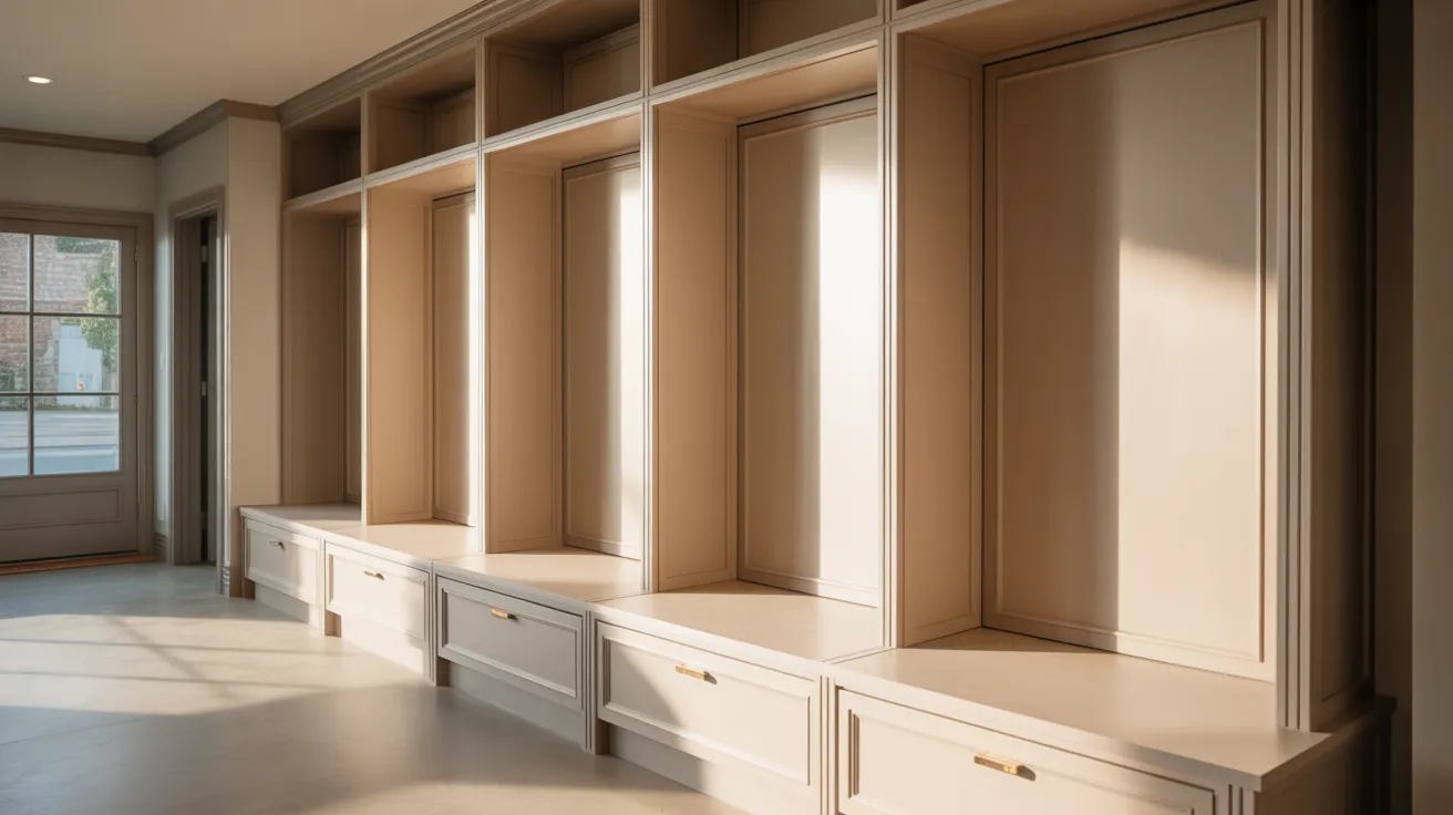 Realistic mudroom bench showing standard depth options for seating comfort and storage planning in home design.