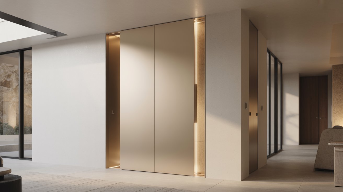 Frameless pocket door blending seamlessly into modern minimalist interior with clean lines.