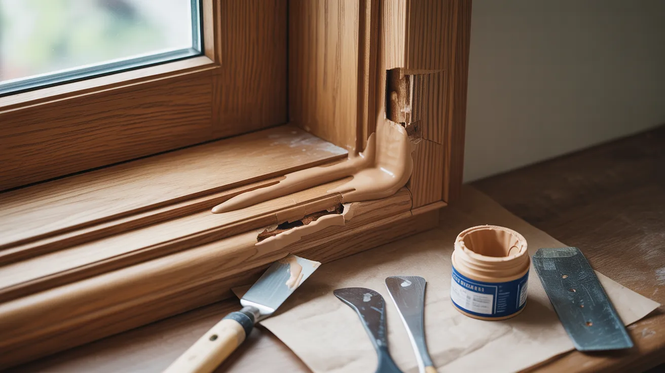 A cracked door frame with wood filler and a putty knife