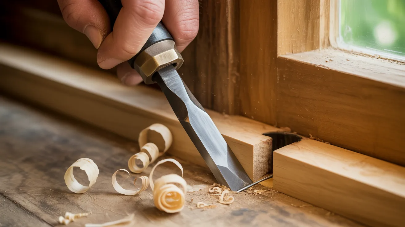 Cutting a hinge mortise into a wooden door with a chisel