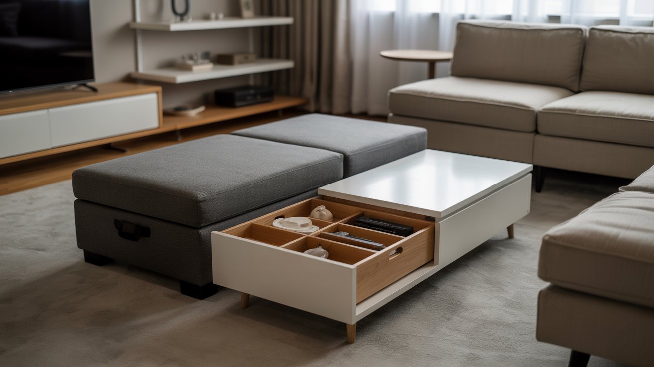 Multi functional furniture in a compact living room.