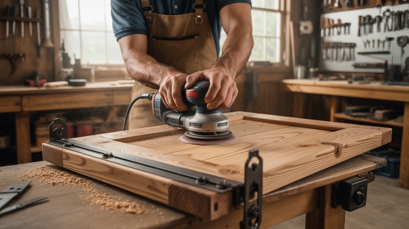 Sanding barn door surface smooth using power sander and fine sandpaper.