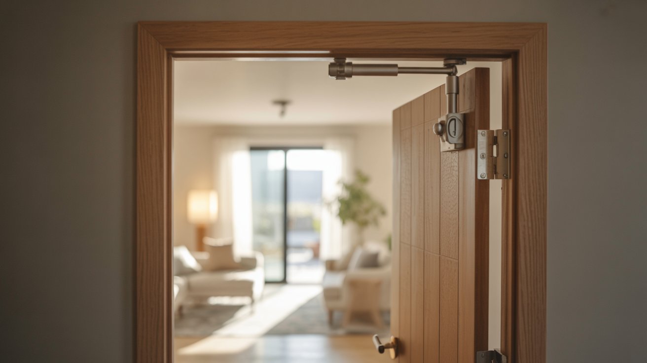 "Interior doorway with hydraulic door closer ensuring smooth controlled closing of wooden door in a modern home hallway scene"