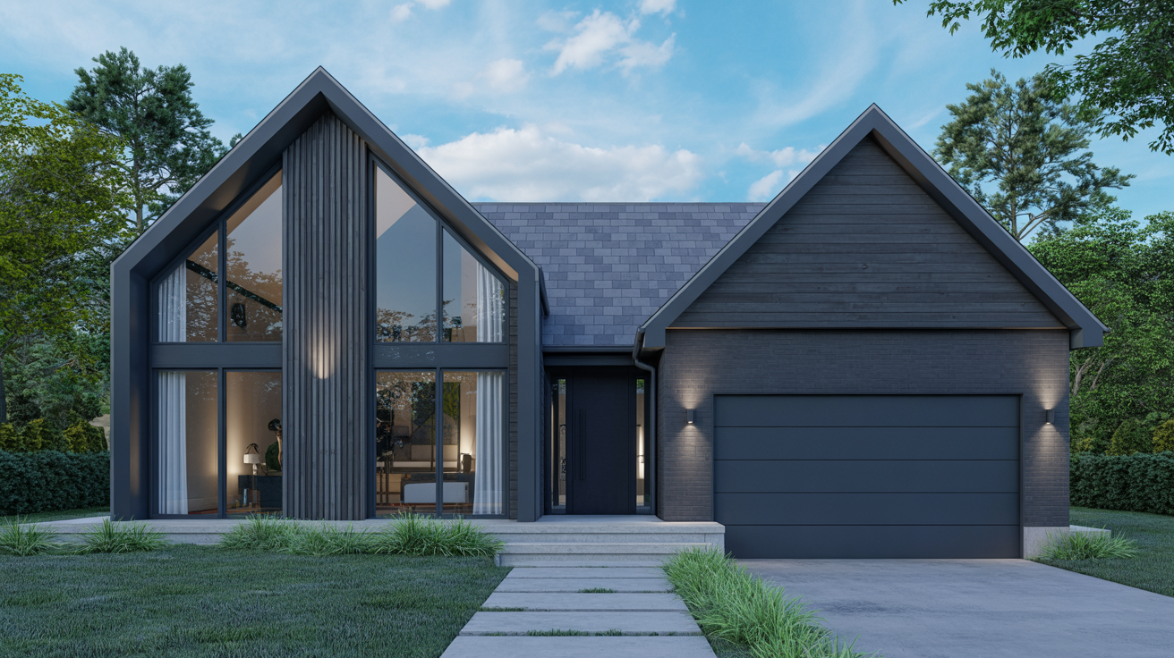 Dark blue home with a charcoal gray front door.