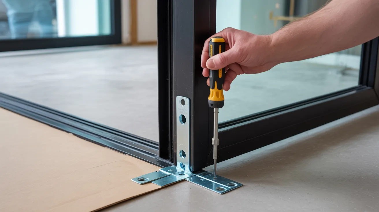 Securing the bottom pivot bracket at the floor to support trackless bifold door installation.