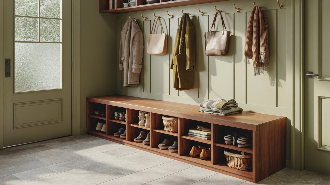 "Built-in mudroom bench with hidden storage, organized entryway seating, and modern functional home design."