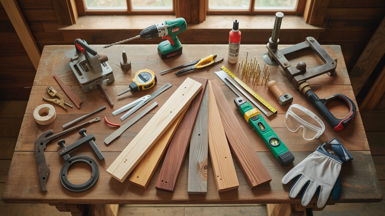 DIY barn door tools, hardware, lumber options, and safety gear organized on workbench.