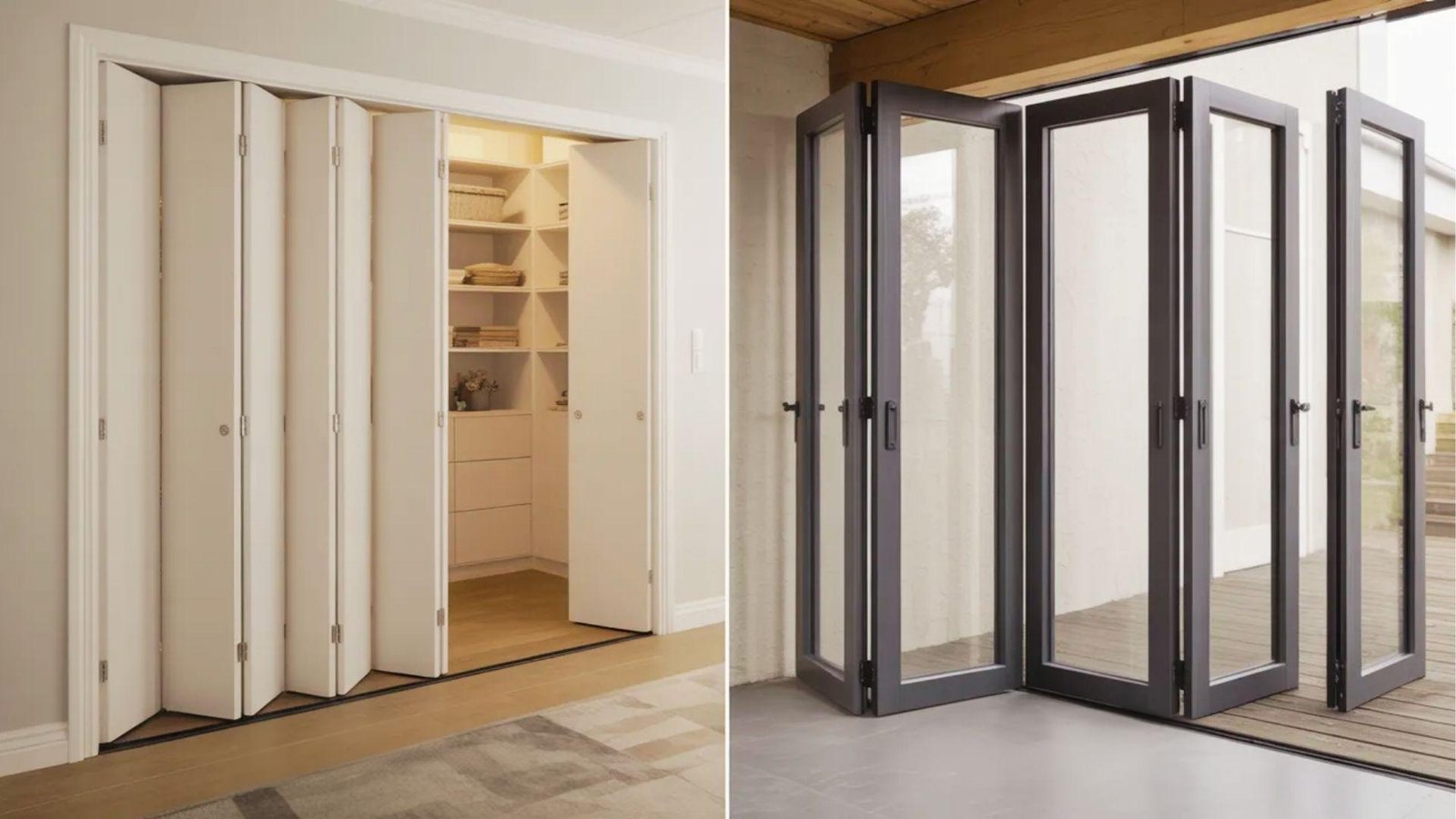 Comparison showing trackless bifold doors for indoor use and bottom track bifold doors for heavy or exterior installations.