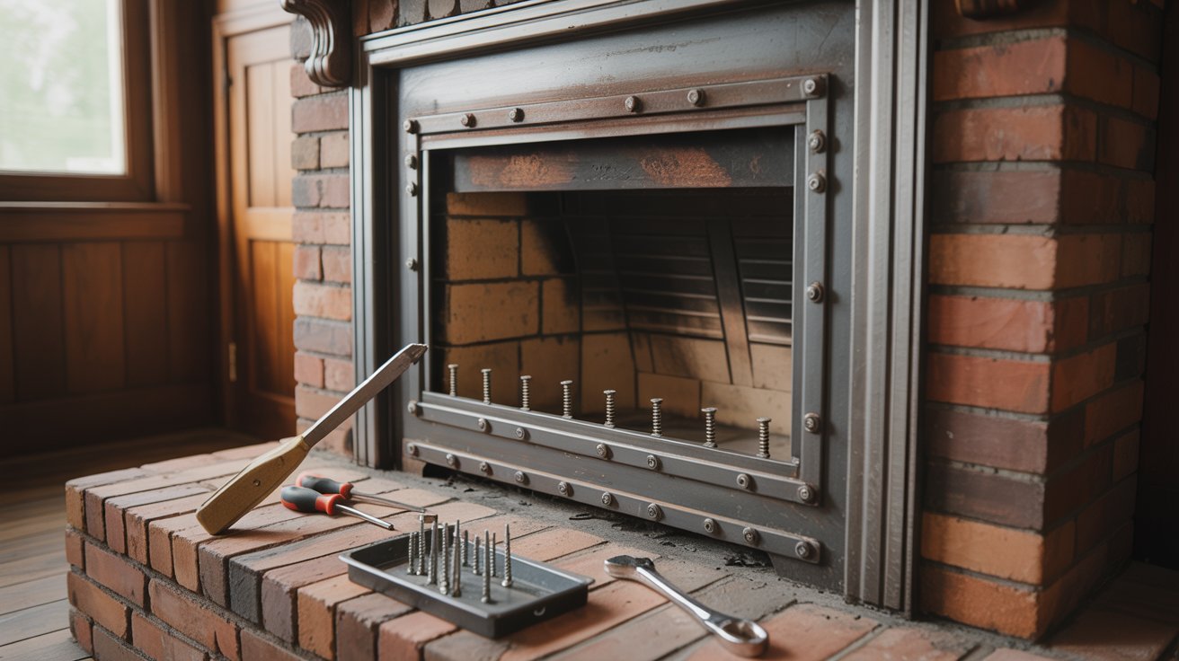 "Close-up of fireplace frame being carefully unscrewed and loosened during glass door removal and repair process."