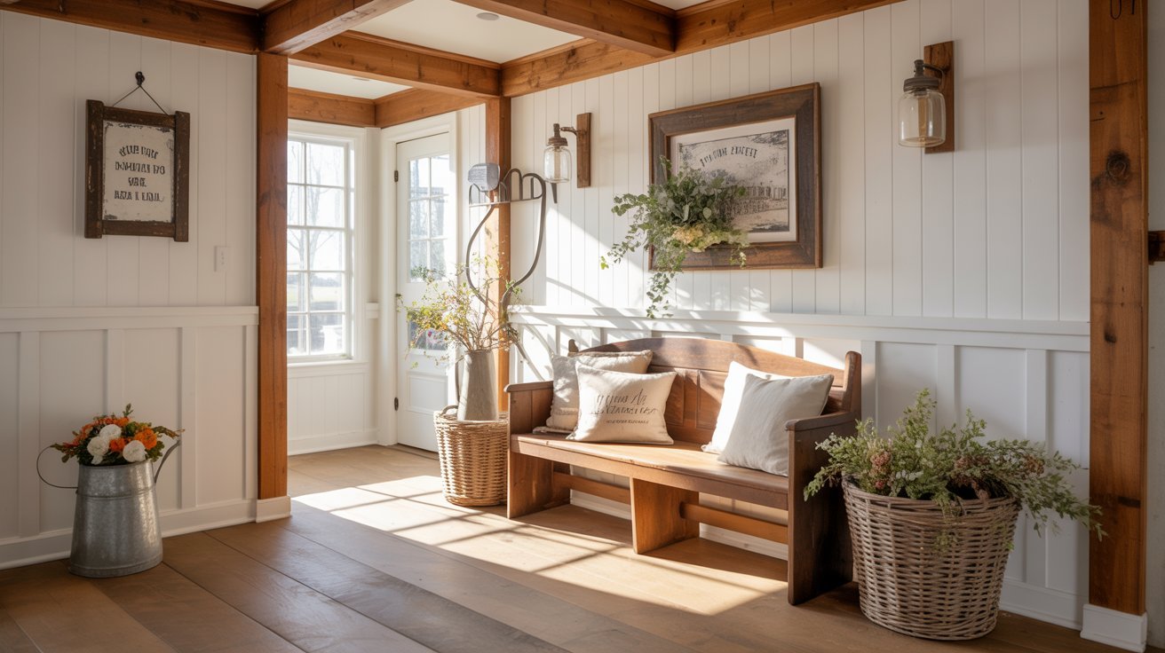 Farmhouse board and batten entryway with rustic wood accents and cozy decor.