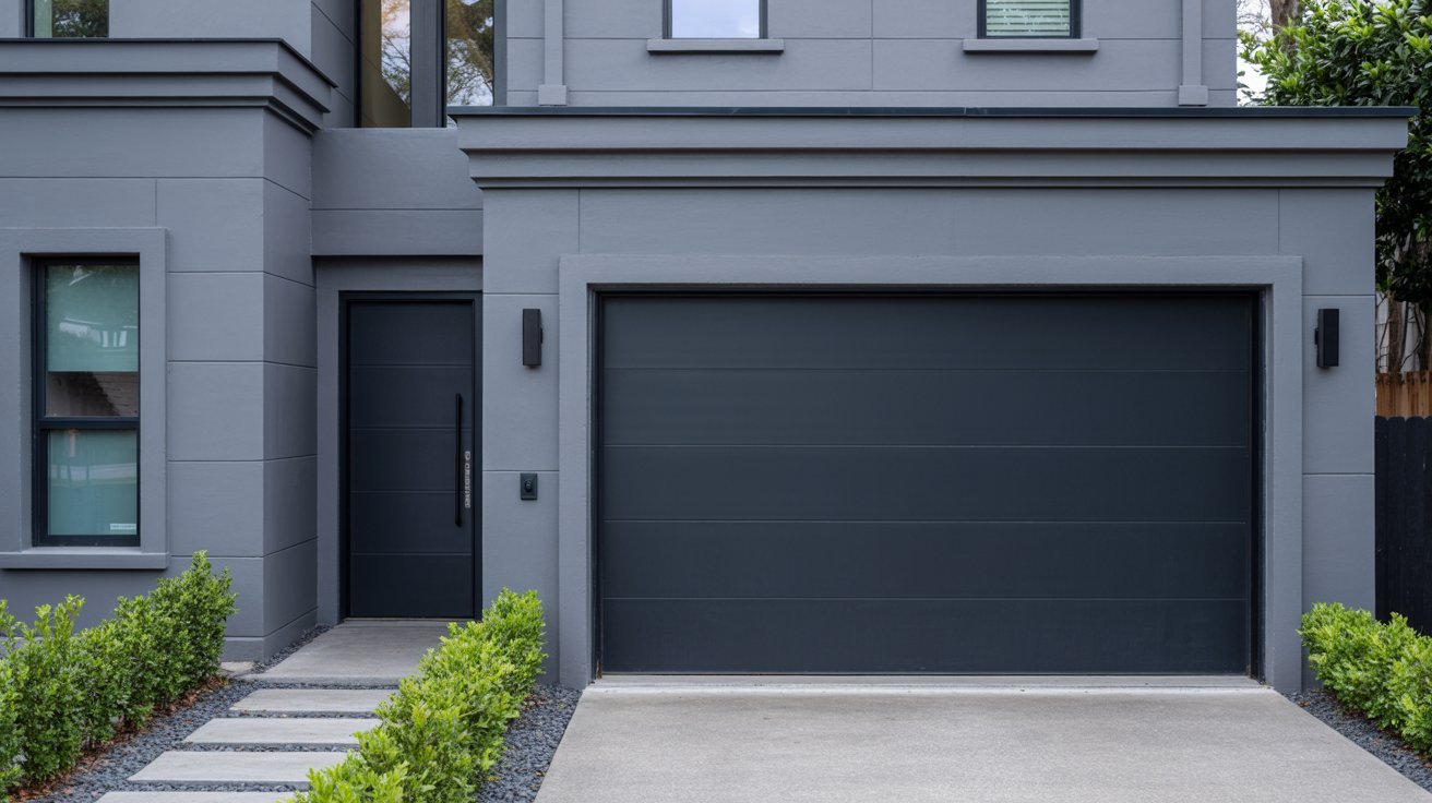 Grey home with matching black front door and garage door.