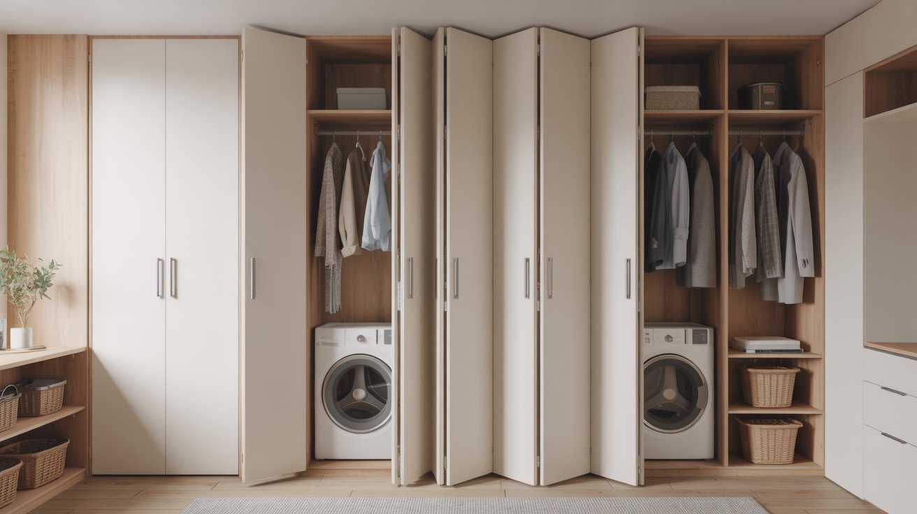 Bi-fold pocket doors folding neatly into wall beside modern laundry room space.