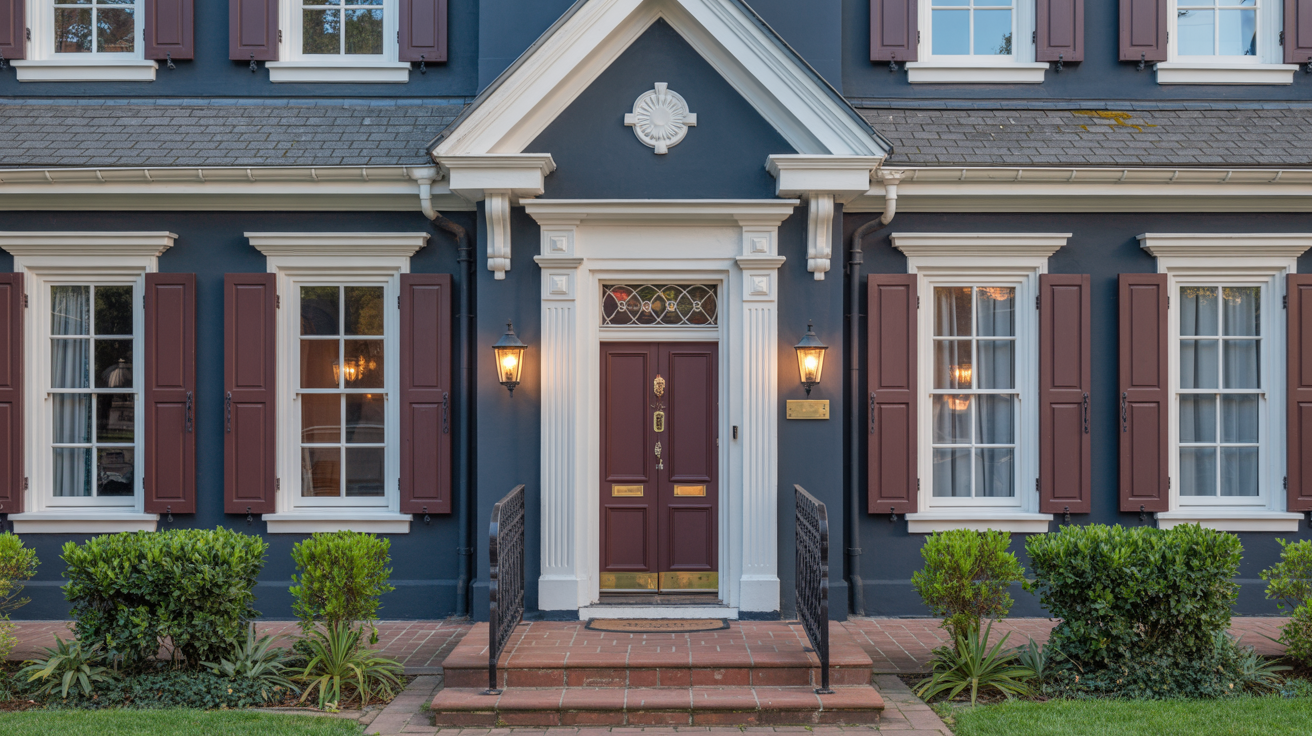Navy blue house paired with a burgundy front door.