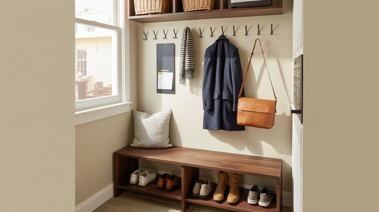 "Small mudroom drop zone with slim bench, vertical wall hooks, and organized storage for a compact entryway."