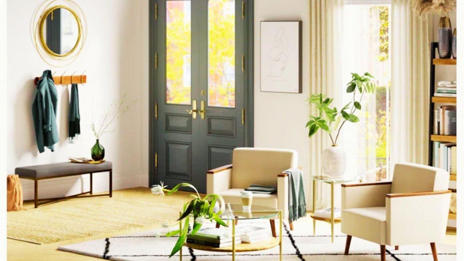 Dark green double doors open directly into a living space with a bench, wall hooks, and gold round mirror.