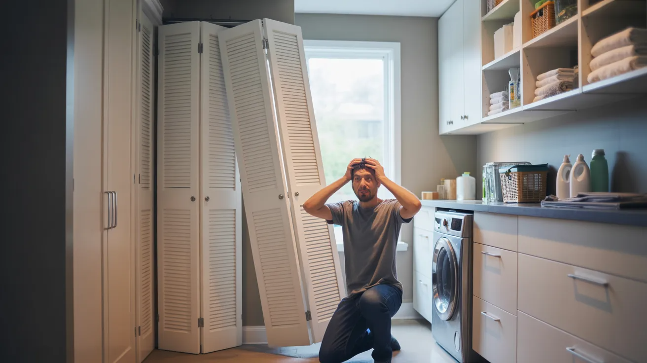 Old bifold laundry closet doors falling off track in a modern home.