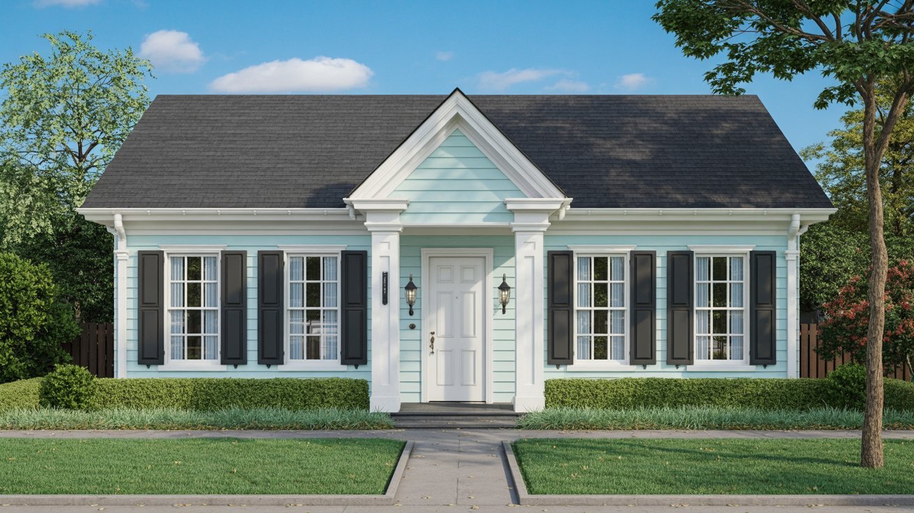 Light blue house featuring a clean white front door and black hardware.