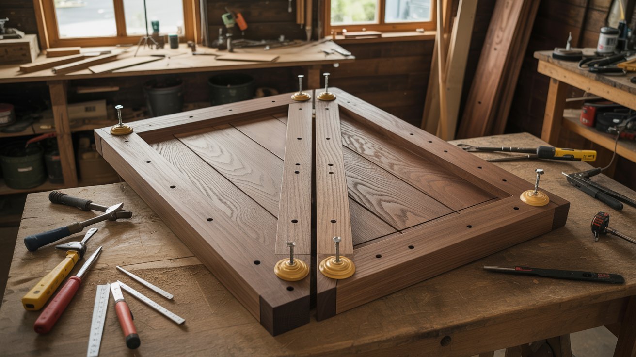 Installing wooden center panels securely inside a barn door frame structure.