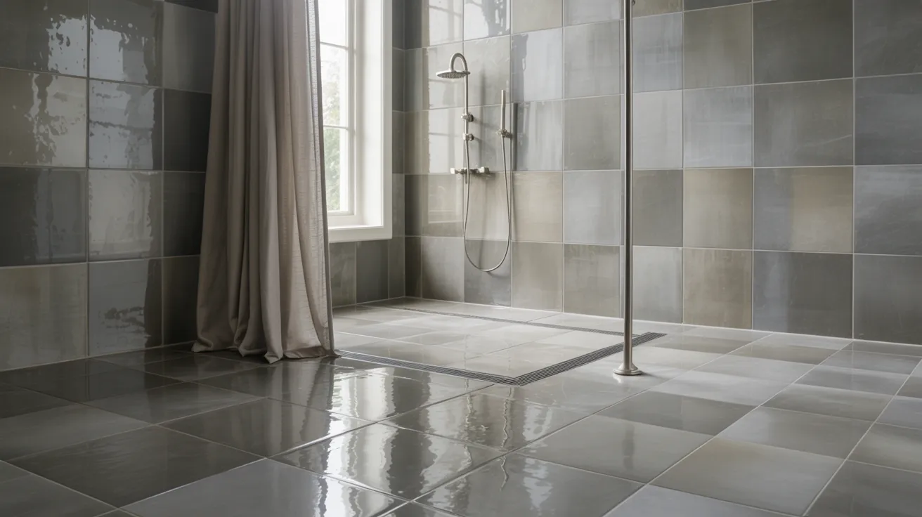 Realistic walk-in shower with curtain replacing glass door showing spacious modern bathroom with open spa-like design and clean tiled interior.