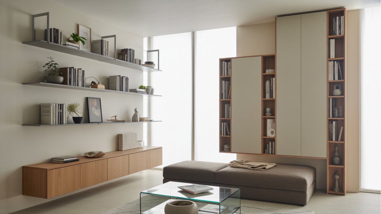 Vertical storage solutions in a small living room.