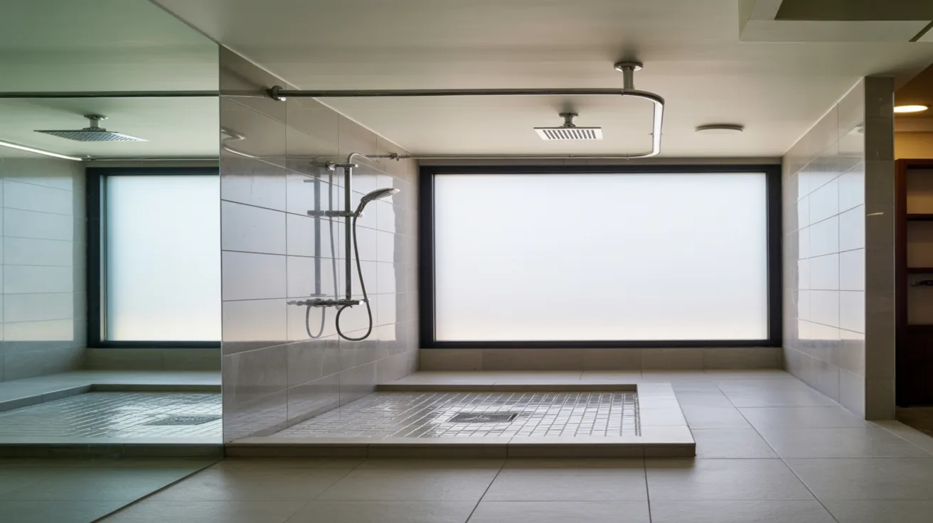 Realistic walk-in shower layout showing planning factors like drainage slope, ventilation, and curtain placement setup.
