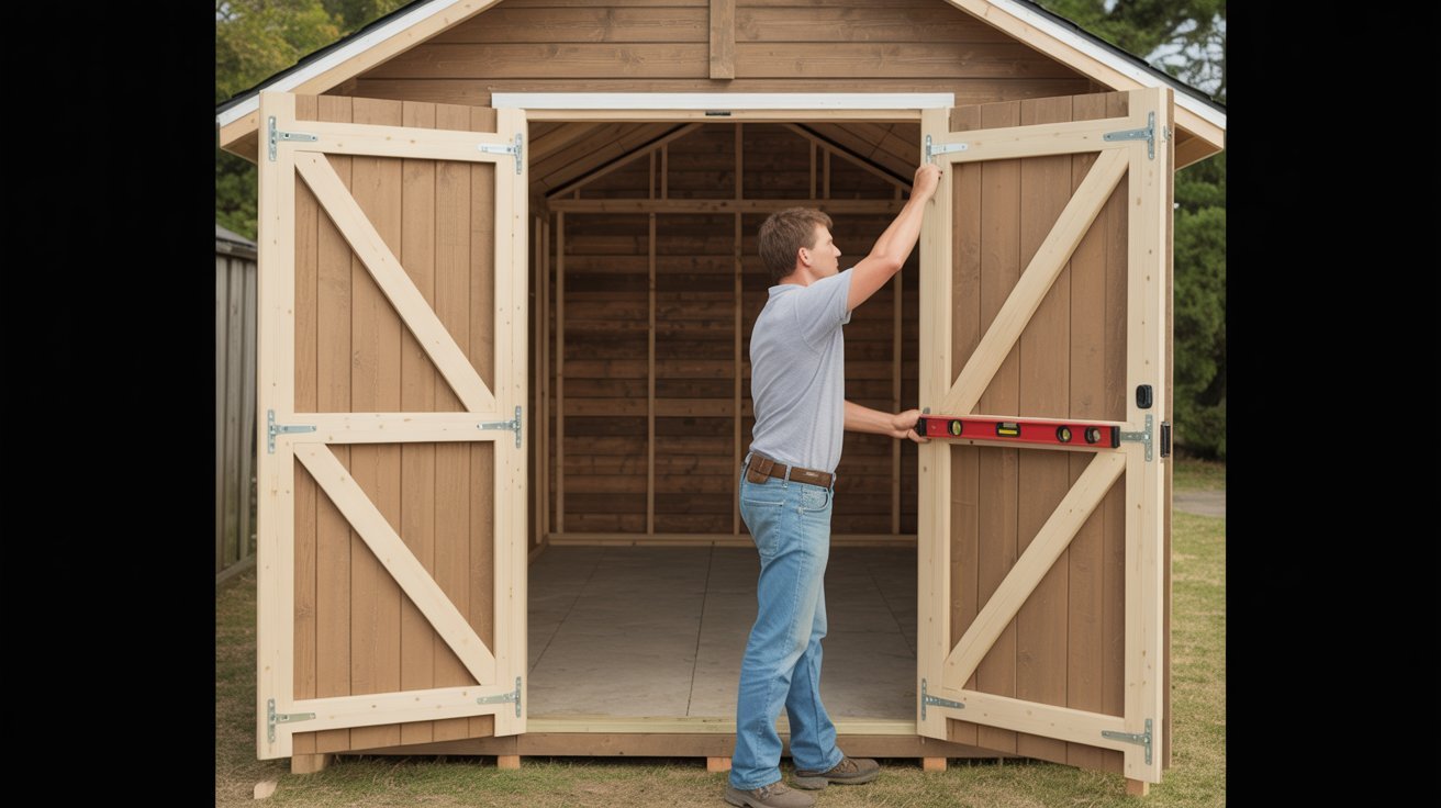 Mounting double shed doors onto shed opening with hinges and alignment tools.