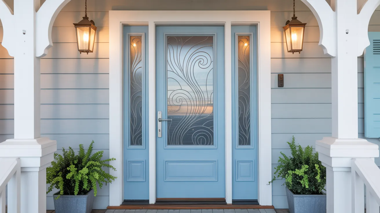 Front door with wave-inspired etched glass design creating a calm coastal entryway look.