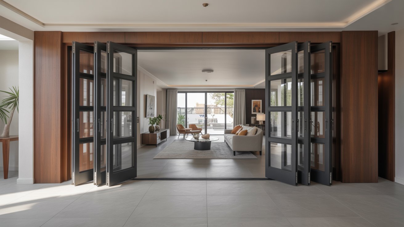 Telescopic pocket doors with multiple sliding panels opening expansive modern living spaces.