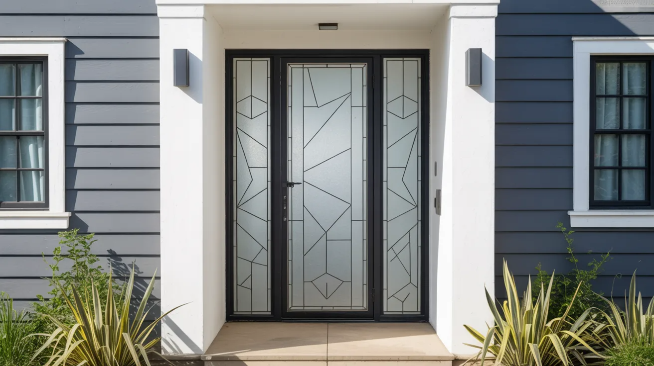 Front door with geometric etched glass patterns creating a modern structured entryway design.