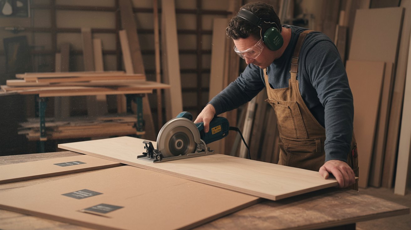 Cutting plywood pieces for a DIY mudroom bench