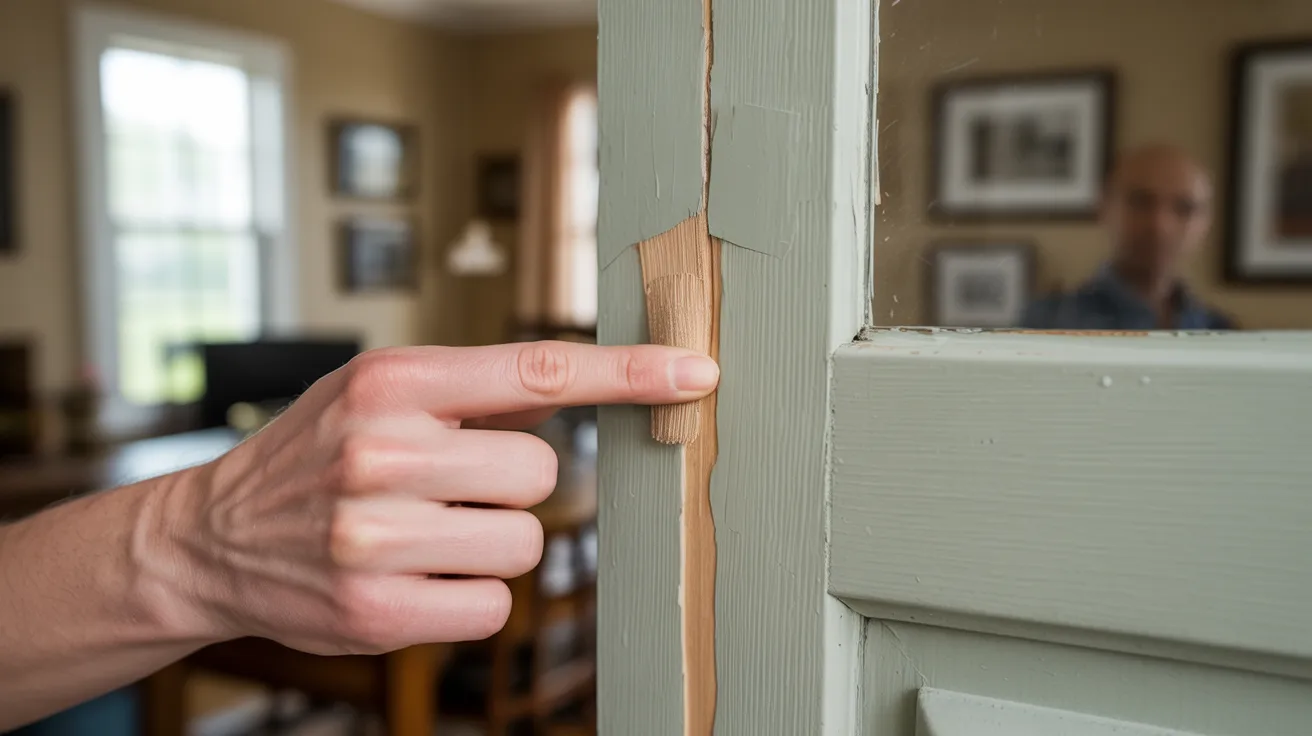 Person using a finger to apply wood filler to a small crack on a door frame