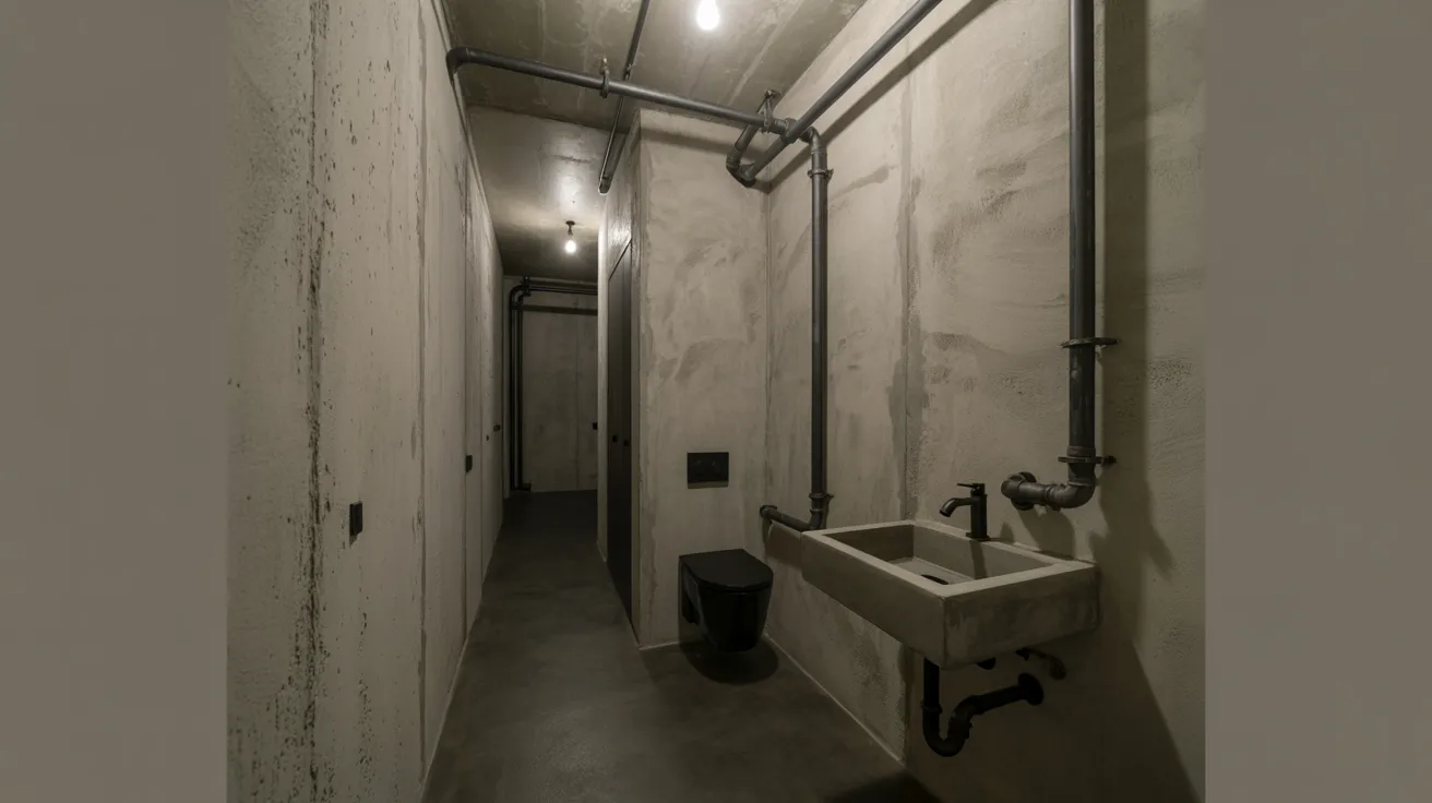 Industrial hallway bathroom with concrete, metal pipes, and exposed industrial style.