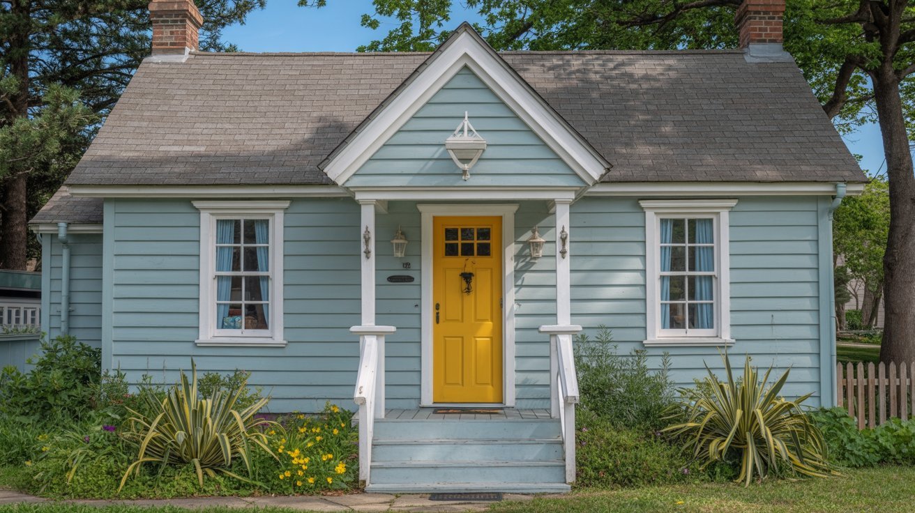 Blue cottage exterior with a cheerful yellow front door.