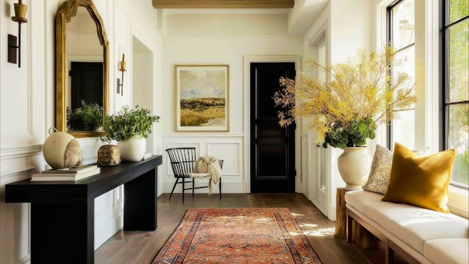 Classic white farmhouse board and batten entryway with wooden accents.
