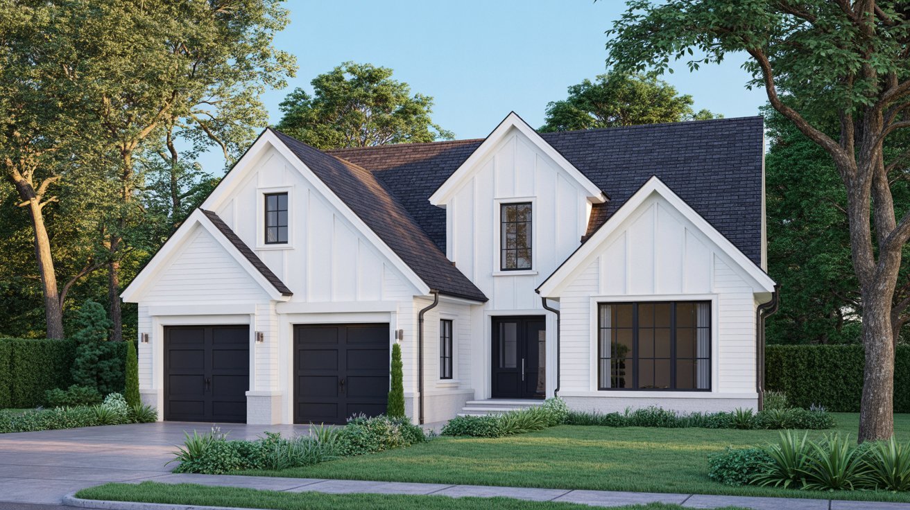 "White house with matching black garage doors and front door creating balanced modern curb appeal."