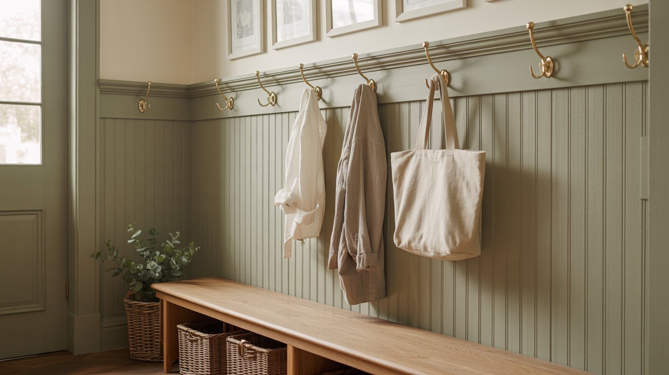 Sage green farmhouse board and batten entryway with brass accents.