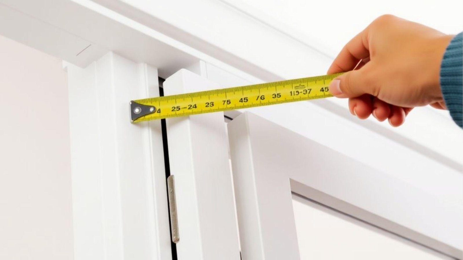 Person using yellow tape measure to check rough opening width for bifold door installation and proper sizing guide