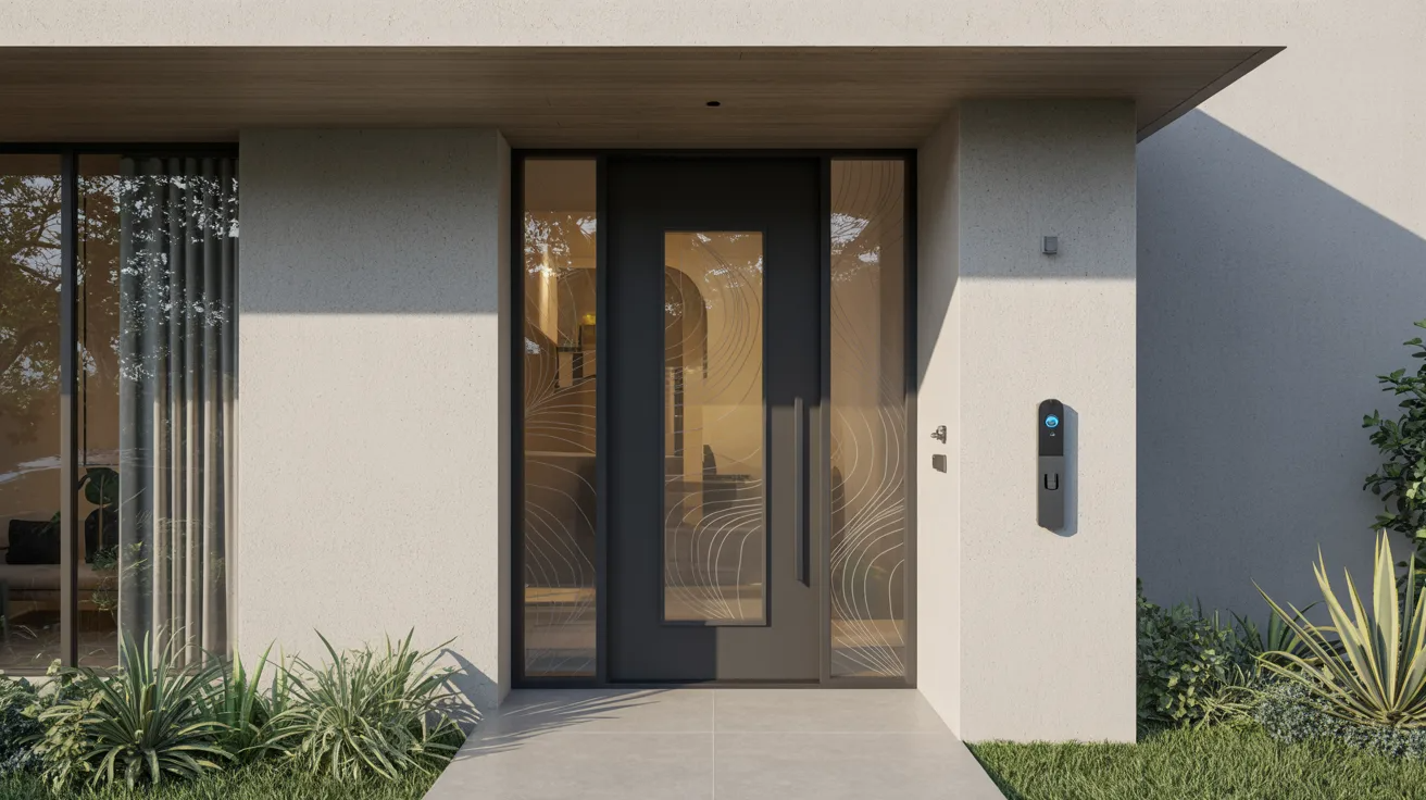 Smart modern entry door with etched glass combining technology and contemporary design.